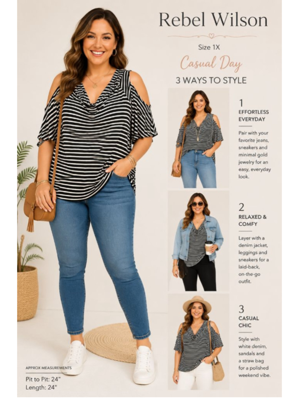 Rebel Wilson x Angels Black White Striped Cold Shoulder Top 1X Plus Size